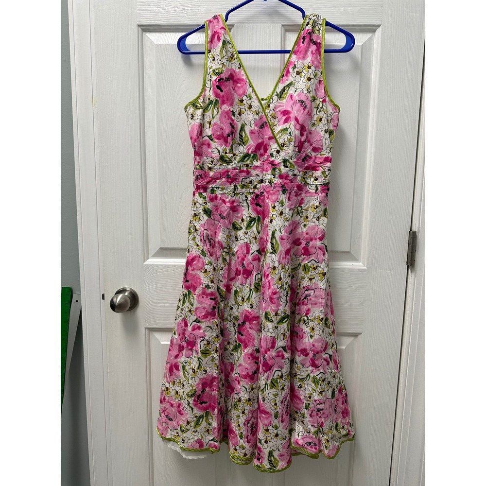 Amanda Lane Pink Floral Cotton Fit & Flare Dress Size 8 Sleeveless V-Neck FLAWS